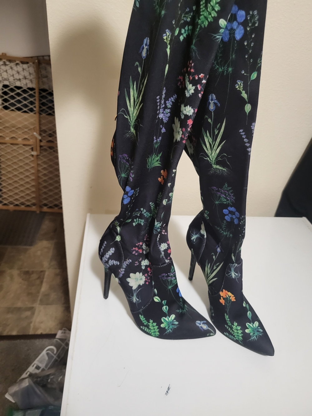 Floral Over-the-Knee Stiletto Boots in Black